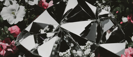 Exploring reflections in a minimalist collage featuring broken mirror and floral elementsの写真素材