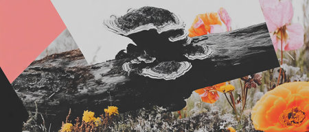Fallen log collage featuring fungi and floral geometric shapes on a white backgroundの写真素材
