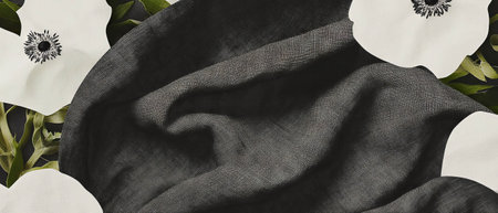 Minimalist collage with geometric shapes and textured burlap on a white backgroundの写真素材