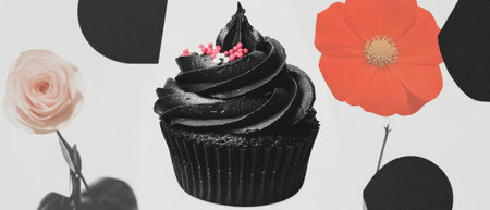 Minimalist collage of a cupcake with flowers and geometric shapes on a white backgroundの写真素材