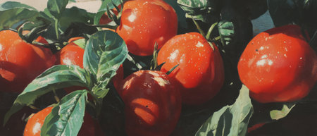 Fresh bruschetta topped with ripe tomatoes and fragrant basil for a delicious Italian appetizerの写真素材