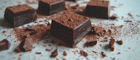 Indulgent dark chocolate squares and shavings showcasing rich texture and intense flavorの写真素材
