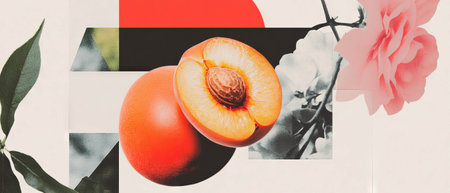 Minimalist collage featuring a geometric arrangement with an apricot and floral elementsの写真素材