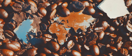 Exploring global connections through coffee beans and world map texturesの写真素材