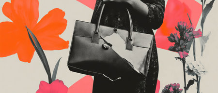 Minimalist collage featuring a close-up of a vintage handbag amidst geometric designs and flowersの写真素材