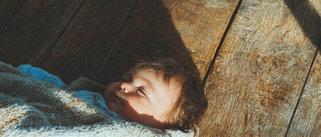Rustic wooden backdrop featuring a peaceful newborn wrapped in a warm blanket
