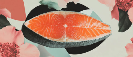 Creative collage featuring cooked salmon steak surrounded by geometric shapes and flowersの素材