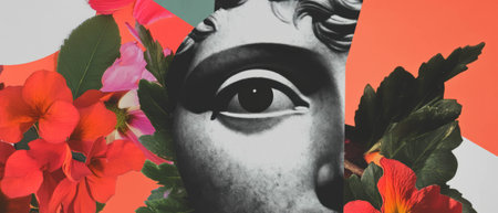 Minimalist collage featuring a statues eye surrounded by vibrant floral elementsの素材