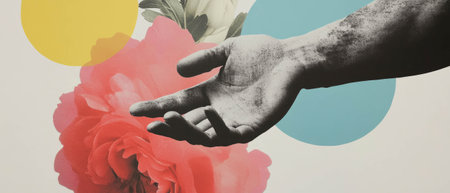 Close-up of a statueâs arm and hand with missing fingers, set against geometric shapes and flowersの素材