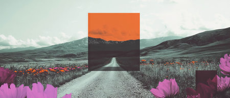 Minimalist collage of flowers and road symbolizing new adventures towards distant mountainsの素材