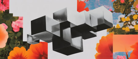 Minimalist collage featuring geometric cubes and vibrant floral backgroundsの素材