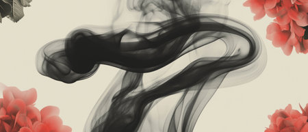 Minimalist collage featuring geometric shapes and swirling smoke patterns with floral accentsの素材