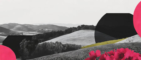 Minimalist collage combining geometric shapes and distorted landscape with floral elementsの素材