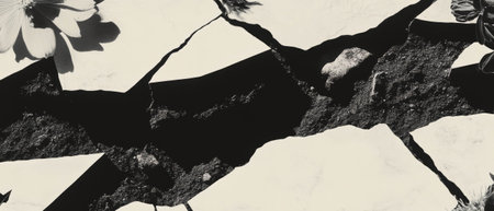 Minimalist collage of dry earth and flowers combining geometric shapes on a white backgroundの素材