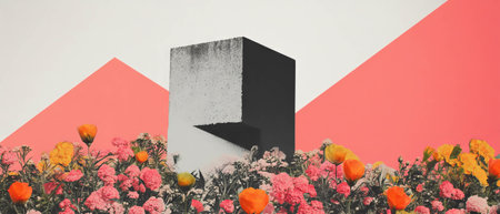 Minimalist collage of a brick supporting weight with geometric shapes and flowersの素材