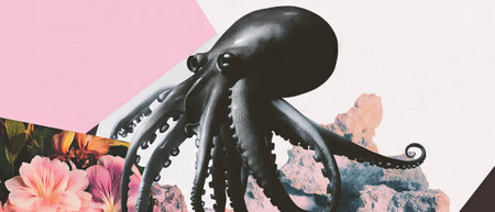 Minimalist collage with squid and floral geometric shapes on a white backgroundの素材