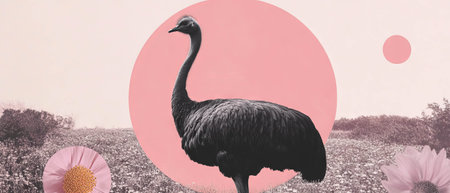 Minimalist collage featuring emu among geometric shapes and floral elementsの素材