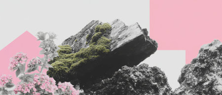 Minimalist collage featuring decaying wood with moss and geometric shapes on a white backdropの素材