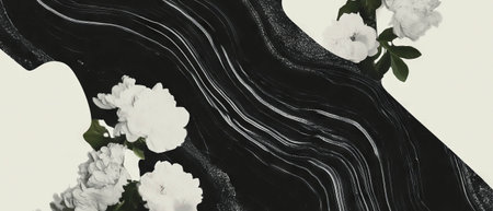 Elegant minimalist collage with marble and floral elements on a white backgroundの素材