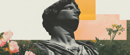 Minimalist collage featuring a statues base surrounded by floral elements and geometric shapesの素材