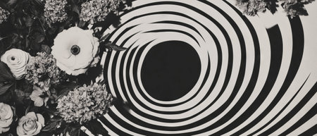 Minimalist collage of concentric circles and floral elements on a white backgroundの素材