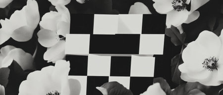 Minimalist collage featuring geometric shapes and floral designs with a multiplication signの素材