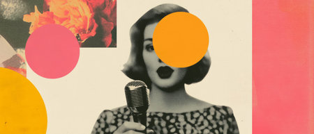 Minimalist collage depicting a journalist conducting an interview with geometric shapes and flowersの素材