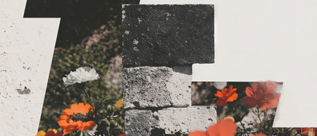 Minimalist collage featuring geometric shapes and a textured brick wall with floral elementsの素材