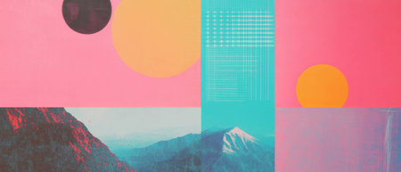 Geometric patterns and gradient backgrounds create a unique minimalistic scrapbook collageの素材