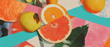 Playful mixed media collage featuring stylized fruit and geometric backgroundsの素材