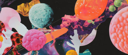 Minimalistic mixed media collage featuring plant cell diagrams and colorful texturesの素材