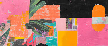 Minimalistic mixed media collage featuring seed packets and gardening tools with vibrant texturesの素材