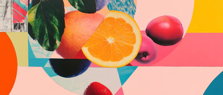 Mixed media collage featuring geometric fruit outlines and colorful textures in playful arrangementの素材