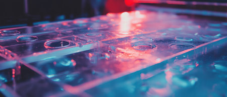 Transparent plastic overlay showcasing subtle branding under vibrant lighting conditionsの素材