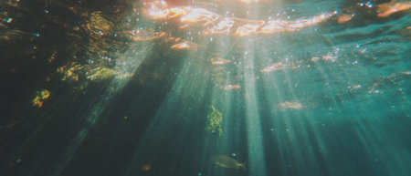 Sunlight rays illuminate underwater world creating a shimmering effectの素材