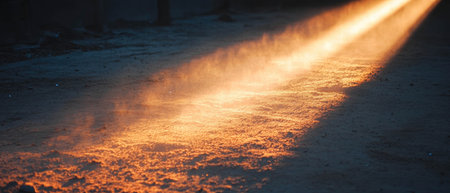 Sun rays illuminate dusty room creating an atmospheric glow in sunlightの素材