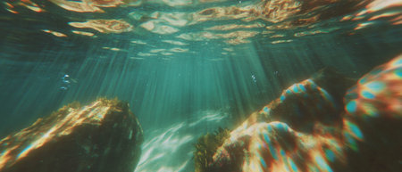 Sun rays create shimmering patterns in underwater tranquilityの素材