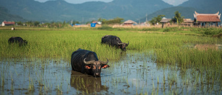 Vietnamese rice paddies with water buffalo in lush green landscapeの素材