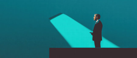 Speaker captivating audience with an informative speech under bright spotlightの素材