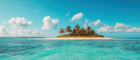 Tropical island paradise with clear lagoon waters and soft white sandy beachの素材
