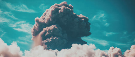 Erupting volcano unleashes towering grey ash plume into a clear blue skyの素材