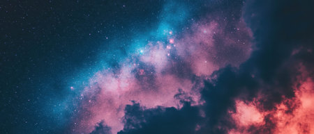 Starry night sky illuminating city lights with vibrant colors and contrastの素材