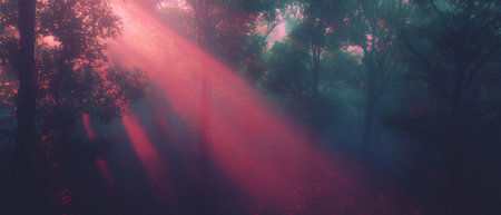 Sun rays filter through forest trees creating a warm, dappled light effectの素材