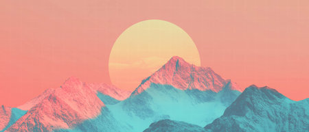 Sun rays illuminate majestic mountain peaks at sunset for a breathtaking landscape viewの素材