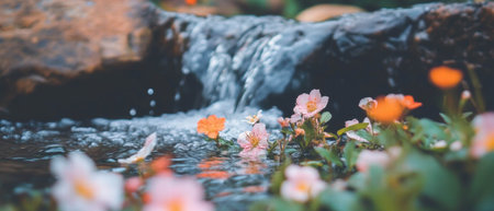 Vibrant spring waterfall amidst blooming flowers creates a peaceful nature sceneの素材