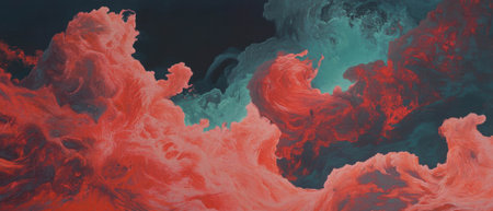 Swirling patterns of intense red smoke create a dramatic visual experienceの素材