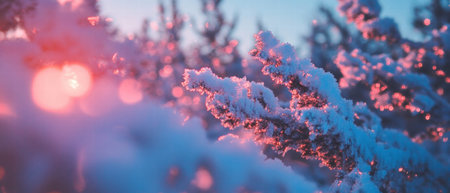Snow covered trees create a breathtaking winter wonderland scene at duskの素材