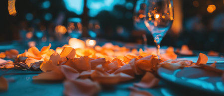 Elegant table setting adorned with delicate petals for a festive gathering at twilightの素材