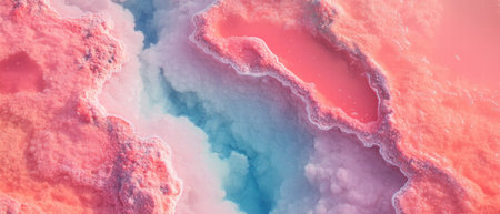 Surreal pink lake scene with vibrant algae and shimmering salt formationsの素材