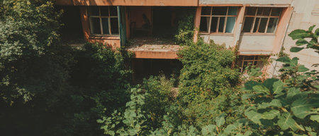 Nature reclaims an abandoned city, showcasing the beauty of decay and serenityの素材